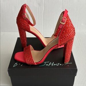 Betsey Johnson Rina Dress Sandals Heels Shoes Orange Rhinestones SZ 8 Like New